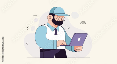 Bearded man in cap and glasses using a laptop