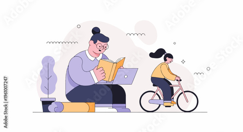 A person reads on a laptop while another cycles past in a minimalist scene