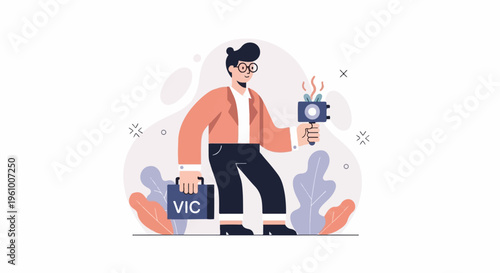 Animated person with camera and briefcase, digital art style
