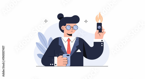 A person in a suit holds a lit lighter and a phone