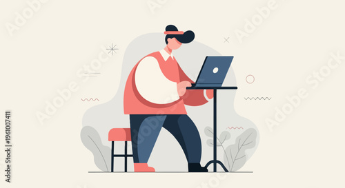 A person sits at a laptop on a small desk with abstract shapes in the background