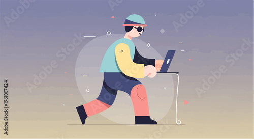 A person in athletic wear runs while using a laptop, set against a gradient sky