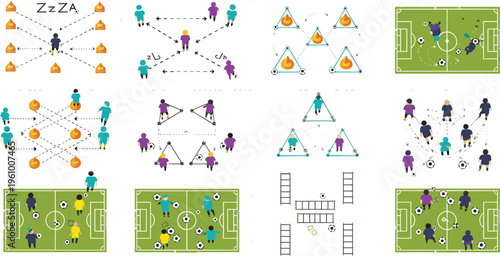 Soccer Training Drill and Tactics Set Featuring Football Practice Exercises, Player Movements, and Strategy Diagrams for Coaching and Sports Education Design Projects.