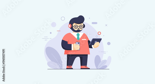A stylized man with headphones and glasses holds a tablet and phone