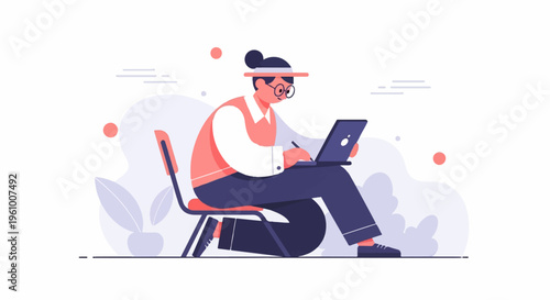 A person with glasses and a hat sits on a chair, typing on a laptop