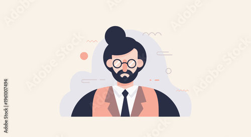 A stylized illustration of a man with a bun, beard, and glasses