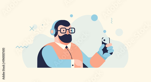 Bearded man with headphones and glasses takes a selfie with his phone