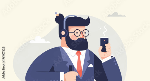 Bearded man in suit and headphones holds phone and card, with clouds in background