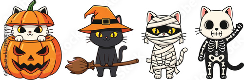 Halloween Cat Set with Pumpkin, Witch Hat, Mummy, and Skeleton Costumes for Cute Holiday Illustrations