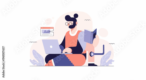 Bearded person in glasses sits cross-legged, typing on a laptop and reading a book