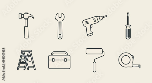 Collection of outline icons depicting various tools for construction and renovation jobs including a hammer wrench drill screwdriver ladder toolbox roller and tape measure isolated