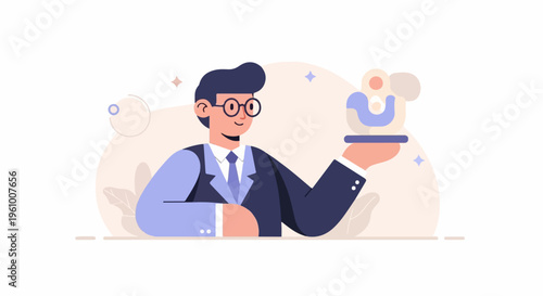 Businessman presenting abstract figures on a platter