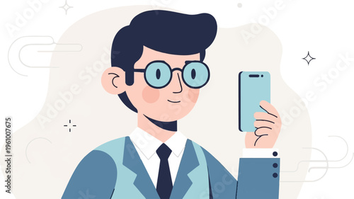 Animated man in suit wearing glasses holding a smartphone, smiling gently