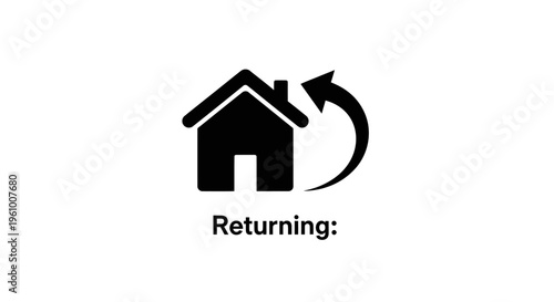 Black icon representing a house with a circular arrow symbolizing returning home indicating relocation or travel services with text