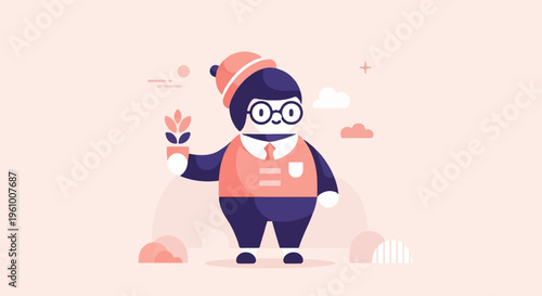 Cartoon character in winter hat holding a potted plant