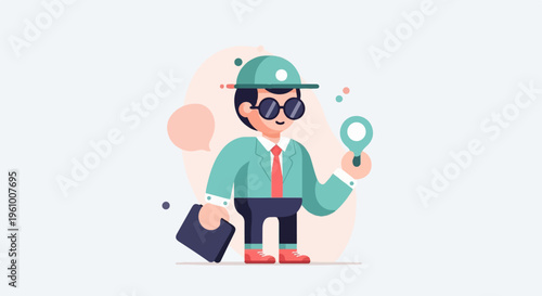 Cartoon detective with magnifying glass and briefcase