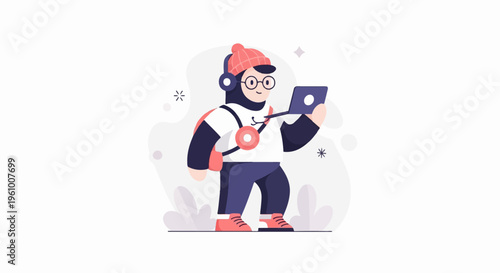 Cartoon character with headphones and laptop, in a casual outfit