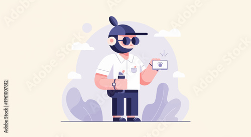 Cartoon man with a phone, a drink bottle, and a bag