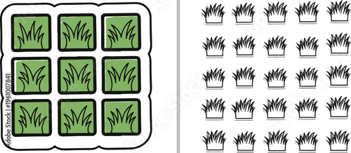 Vector asset featuring stylized grass icons in two formats: a 3x3 green square grid and a field of smaller black-and-white tufts. Ideal for garden mapping, UI design, and landscape planning.