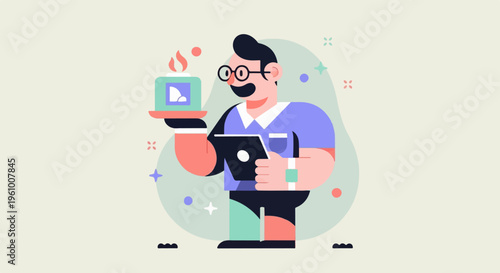 Cheerful person in glasses holds tablet and tray with burning candle