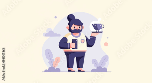 A character with a bun and beard holds a phone and a teacup