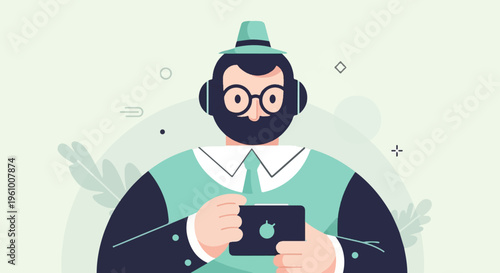Flat illustrated man with beard, glasses, hat, and headphones holds a tablet