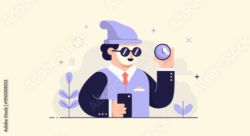 Cartoon man in suit with face mask and hat holds phone and clock
