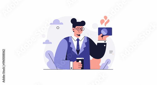 Man in suit holding a phone and a camera, with abstract shapes