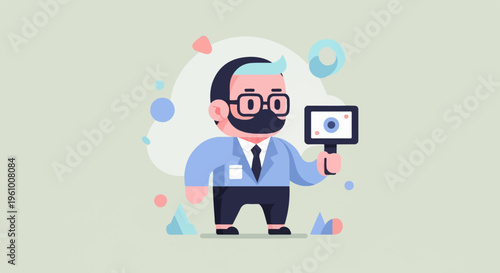 Flat cartoon man with glasses, beard, and blue suit holding a camera
