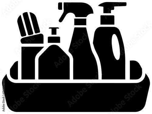 Black filled icon representing a cleaning supply caddy tray holding various bottles including spray bottles and dispensers symbolizing household chores sanitation and organized