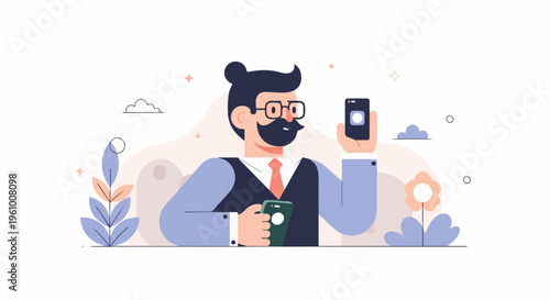 Man in suit with mustache and glasses taking selfies with two phones