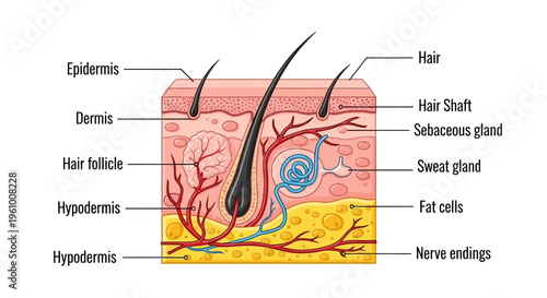 Detailed diagram illustrating the layers of human skin, including epidermis, dermis, hypodermis, hair follicles, glands, and nerve endings.