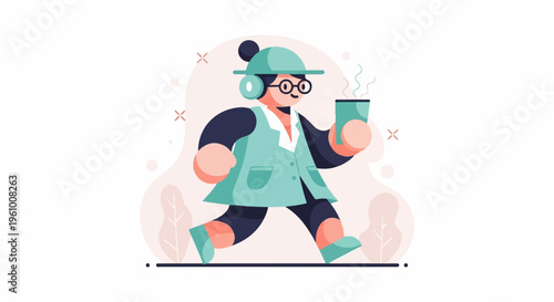 Cartoon character in turquoise outfit, glasses, headphones, holding a steaming cup