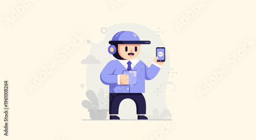 Cute pixel art character in blue suit holding a phone and cup