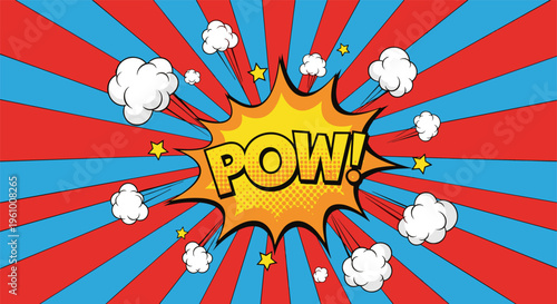 Comic book explosion burst with POW text in red and blue rays with white clouds for superhero graphic design
