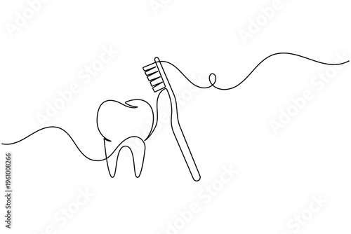 Toothbrush toothpaste and tooth continuous one line dental icon