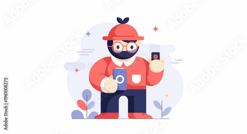 Flat illustration of person with two phones, one displaying an 'X'