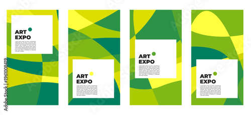 Abstract Green and Yellow Art Expo Vertical Banner Templates - Set of 4 Creative Organic Wavy Geometric Layouts for Social Media Stories and Event Posters