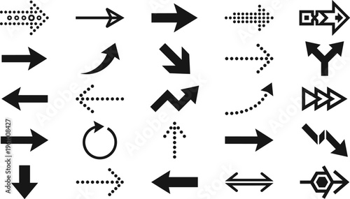 Arrow icons collection set, direction symbols, navigation signs, pointer arrows, movement indicators, UI elements, black vector illustration isolated design pack