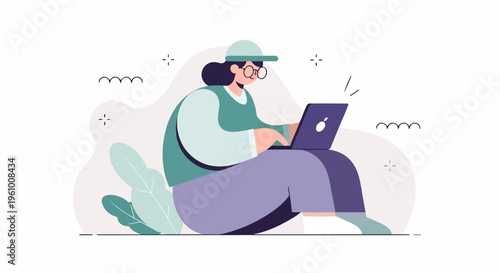 Person in casual clothes with glasses and cap using a laptop