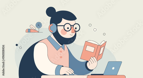 Flat illustration of a person with a beard and glasses reading a book