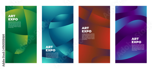 Set of four vertical abstract background templates featuring fluid curved shapes and vibrant color gradients. Ideal for social media stories, art exhibition posters, and modern creative event marketin