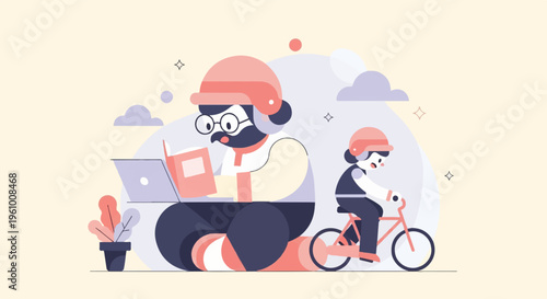 Flat illustration of parent and child with laptops and bicycle