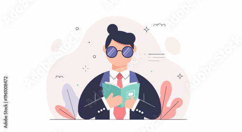 Cartoon professional in glasses reads a book, surrounded by abstract shapes