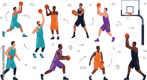 Basketball Player Action Set Featuring Cartoon Athletes Dribbling, Passing, Shooting, and Dunking for Sports Illustration, Training, and Game Design Projects.