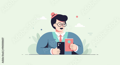 A person in a suit and hat holds a phone and a book on a green background