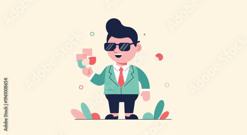 Cheerful, stylish man in suit and sunglasses juggles abstract shapes