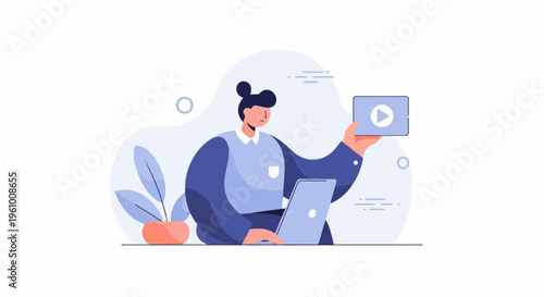 Person using laptop and holding tablet with play icon