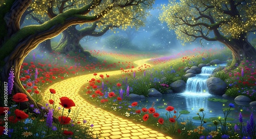 A serene fantasy landscape with a yellow brick road winding through a vibrant field of colorful flowers and trees on transparent background