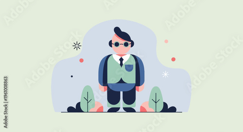 Minimalist illustration of a formally dressed figure in an abstract outdoor setting
